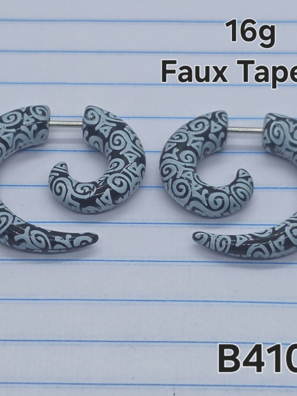 16g Black Acrylic Tribal Spiral Faux Taper Plugs Earrings B4104